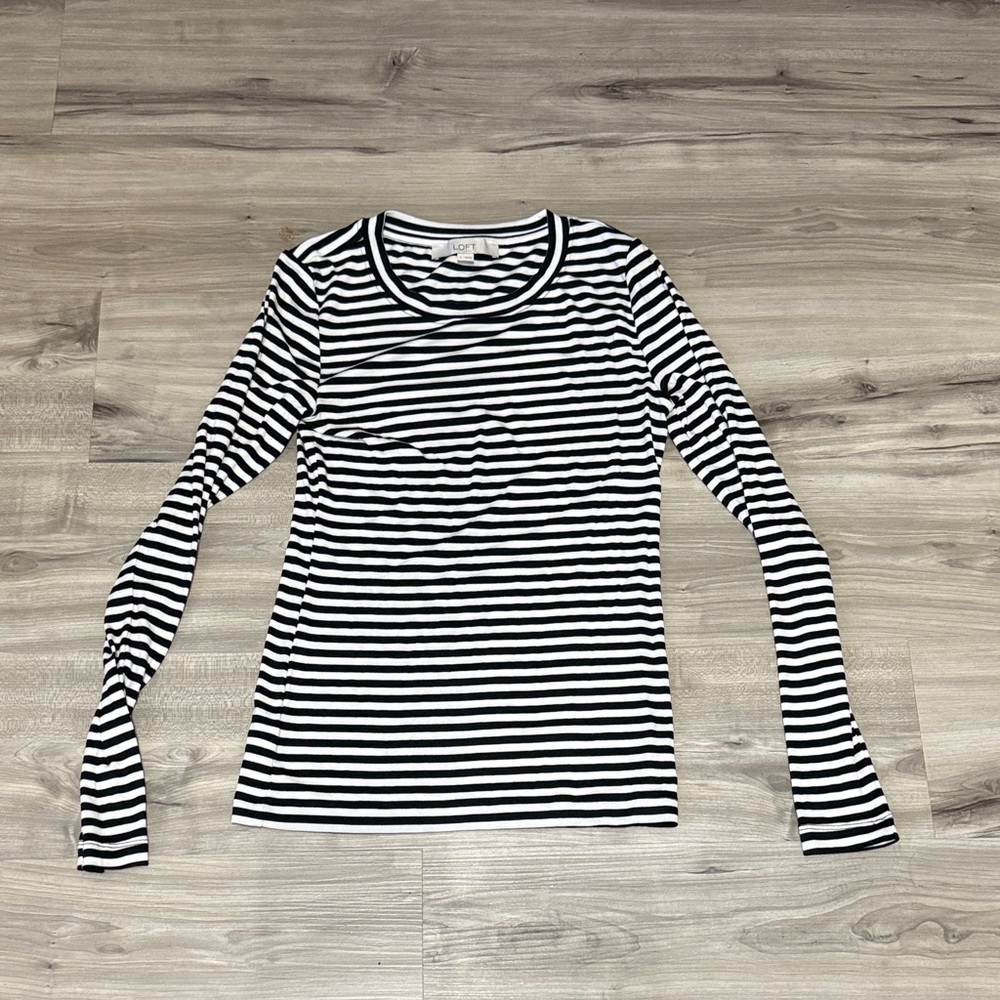LOFT Black and White Striped Long Sleeve Top